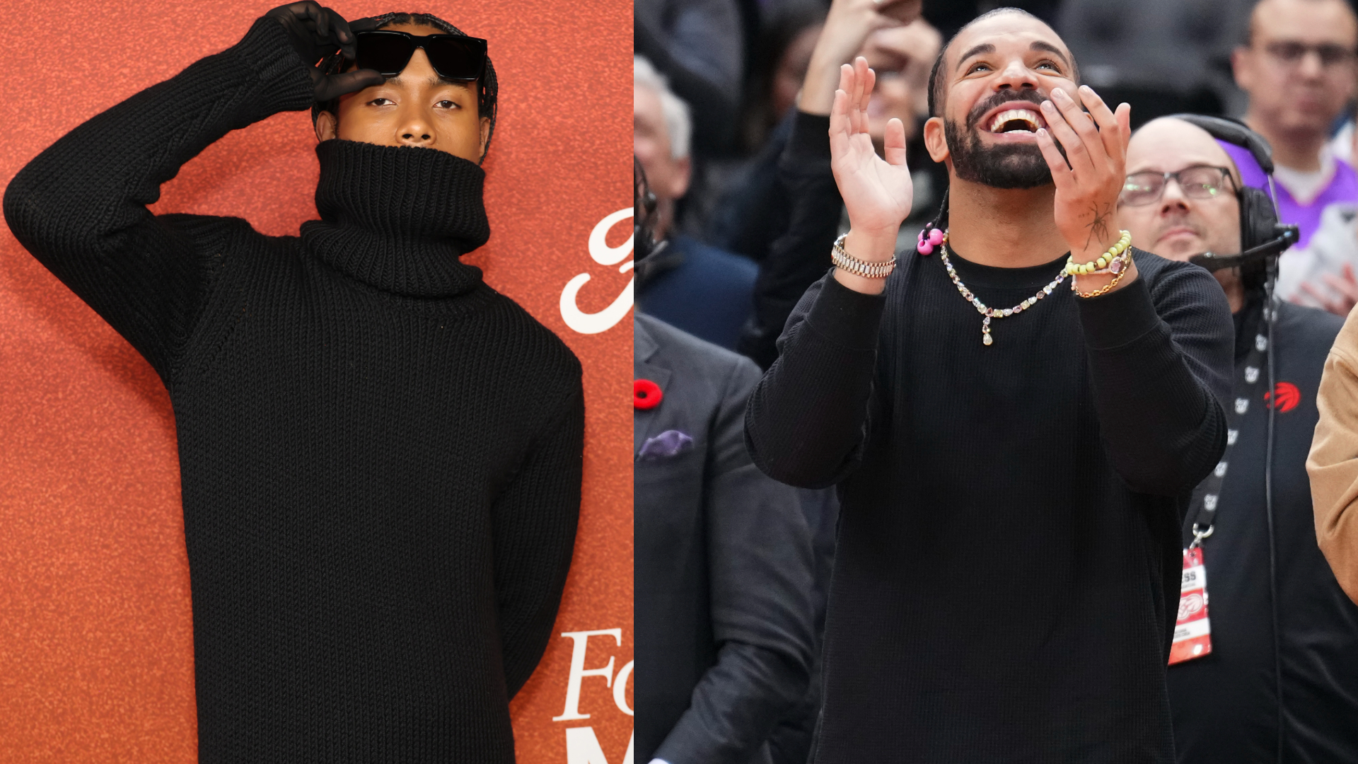 Steve Lacy in a black turtleneck and sunglasses on the left; Drake in a black shirt, smiling and clapping on the right.