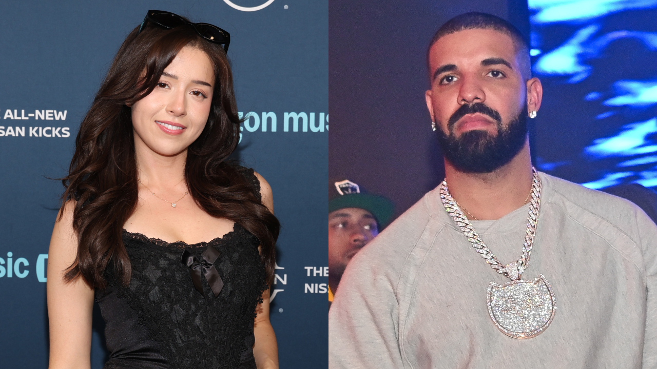 Streamer Pokimane in a black dress and rapper Drake wearing a large chain, side by side at an event.