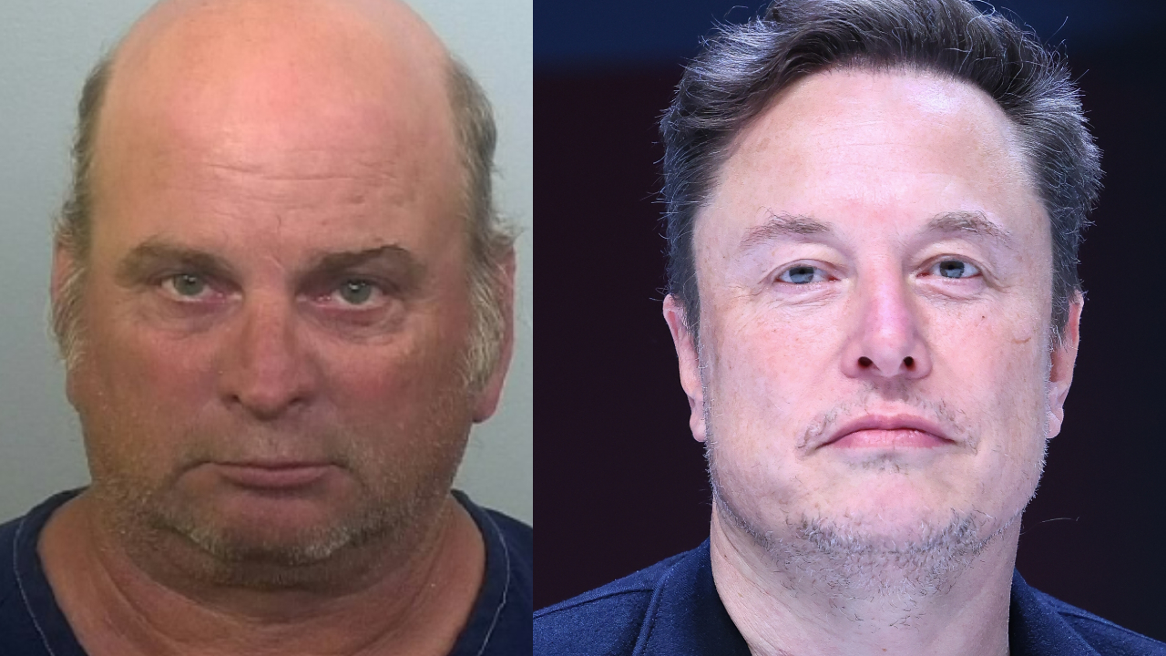 A side-by-side image of two men. The right shows Elon Musk, a well-known entrepreneur with short hair. The left shows an alleged scammer.