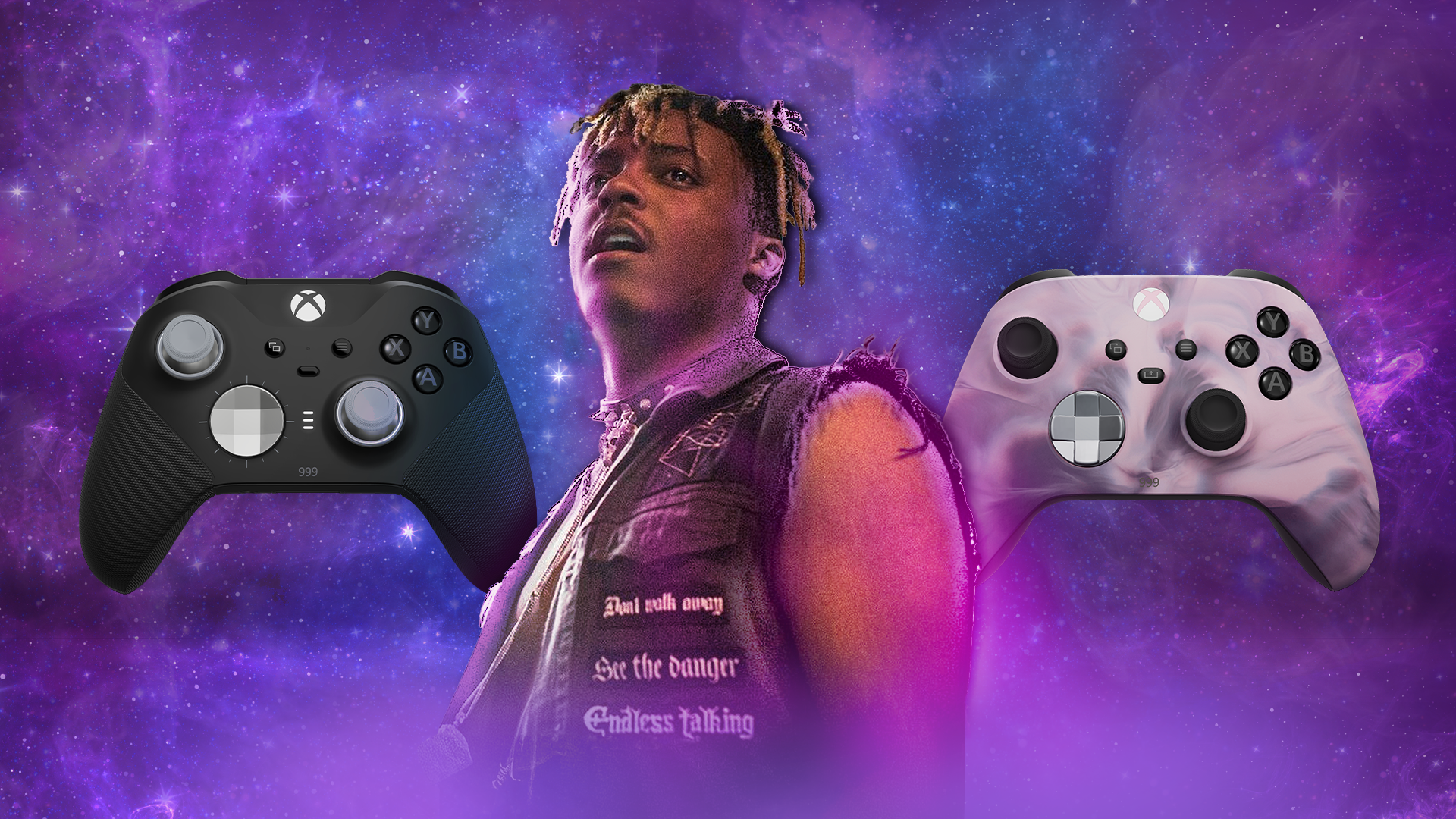 A cosmic-themed image featuring Juice WRLD between two Xbox controllers.