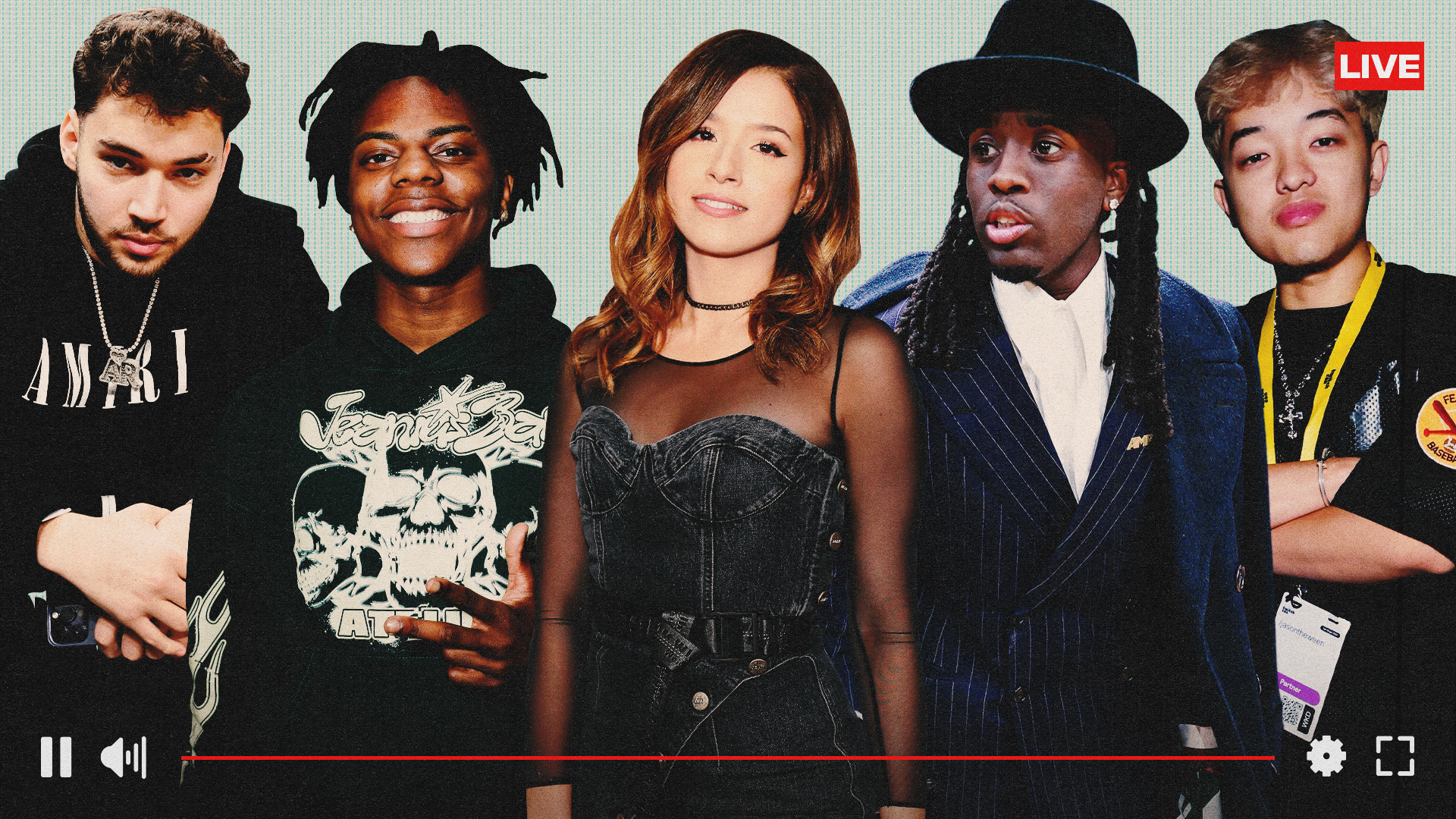 Adin Ross (left), IShowSpeed (center left), Pokimane (center), Kai Cenat (center right), and Jasontheween (right) all pose in front of the camera against a Complex original art template.