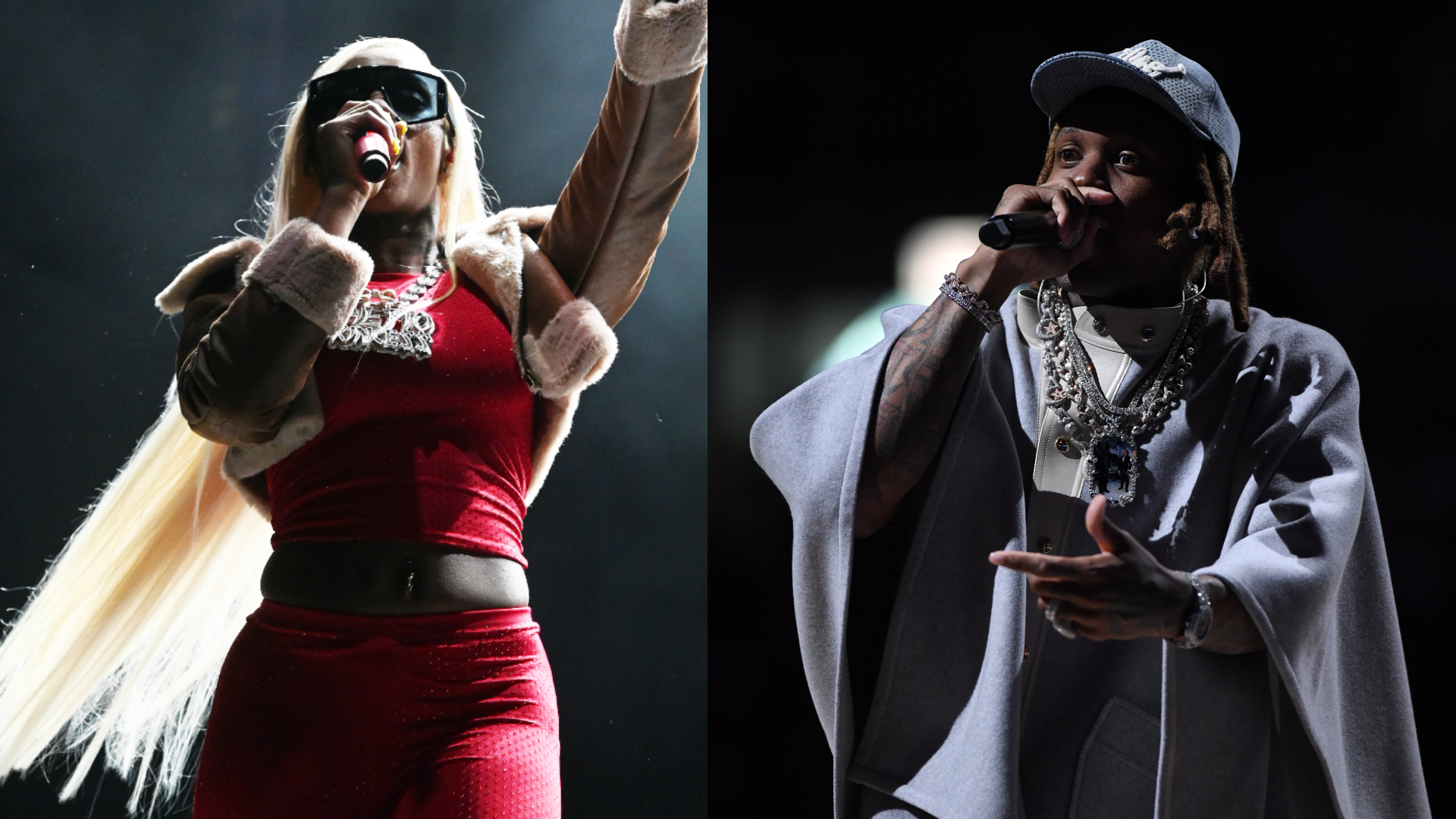 Two performers on stage: Sexyy in red with long blonde hair and sunglasses, and Durk in a gray outfit with a cap, both holding microphones.
