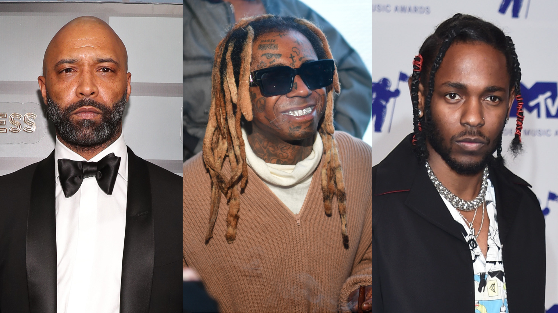 Joe Budden in a tuxedo, Lil Wayne with sunglasses and dreadlocks, Kendrick Lamar with braids at an event.