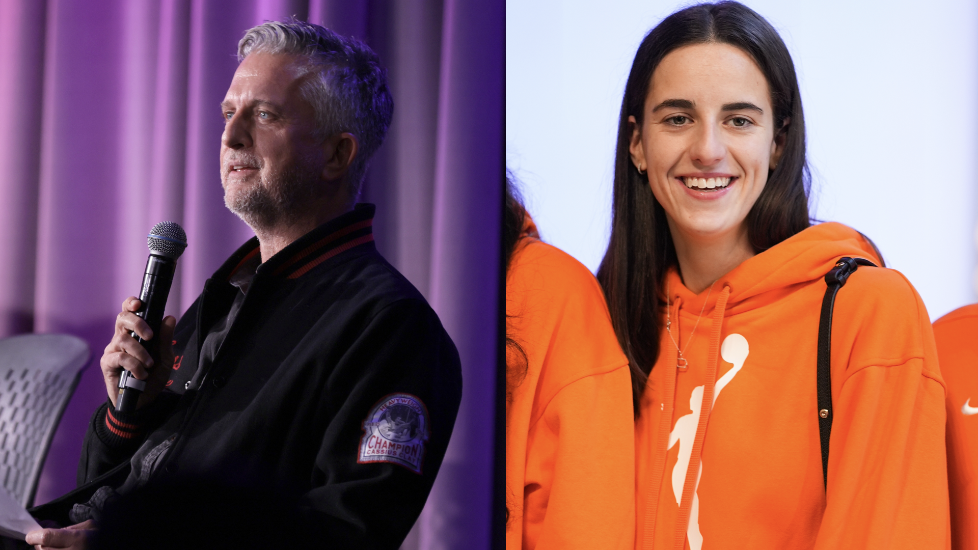 Bill Simmons speaks onstage at Reel To Reel: Yacht Rock: A Dockumentary at GRAMMY Museum L.A. Live on November 21, 2024 in Los Angeles, California/Caitlin Clark visits the Empire State Building on April 15, 2024 in New York City.