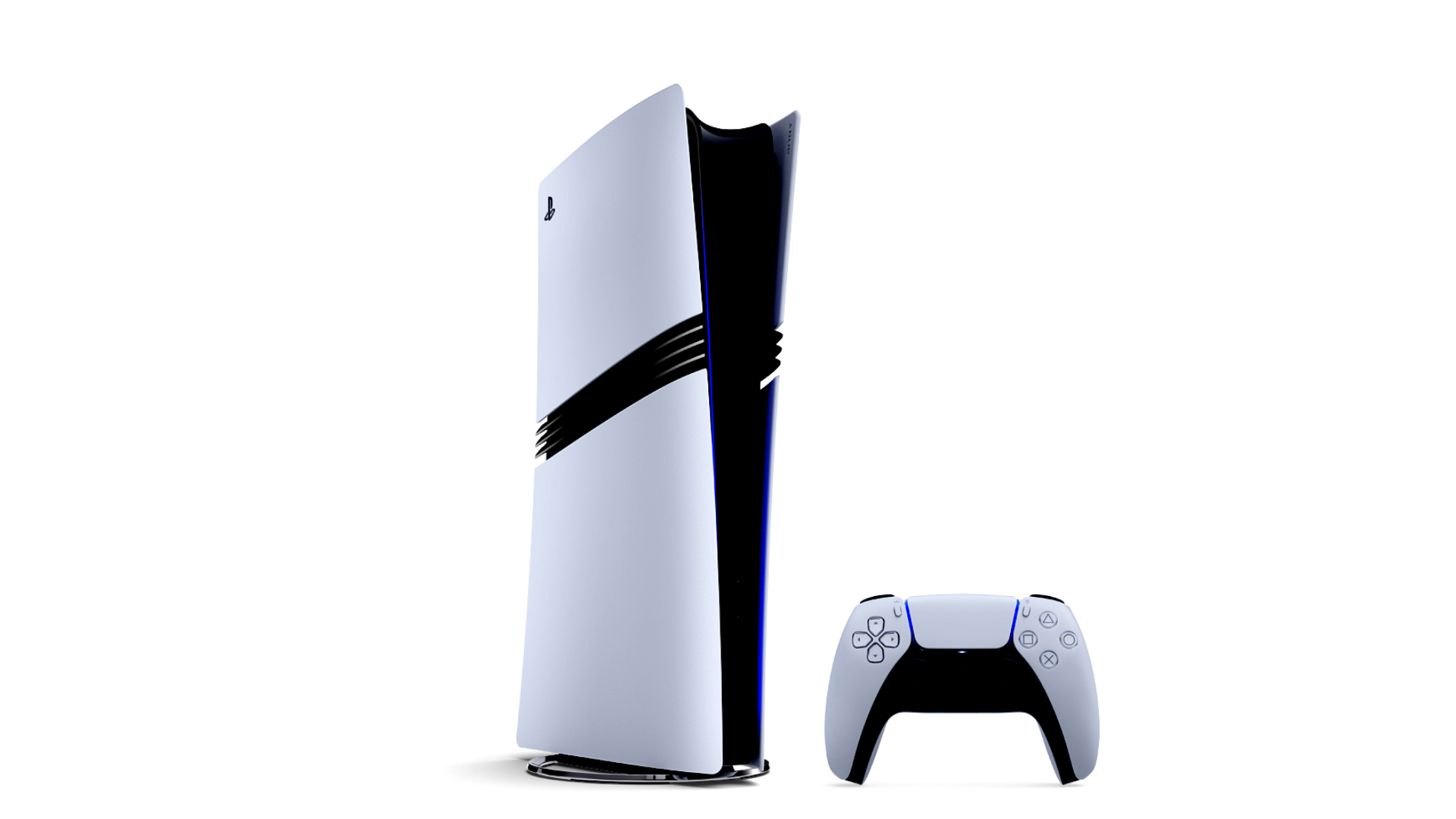 The PlayStation Pro stands upright with the DualSense wireless controller on its right.