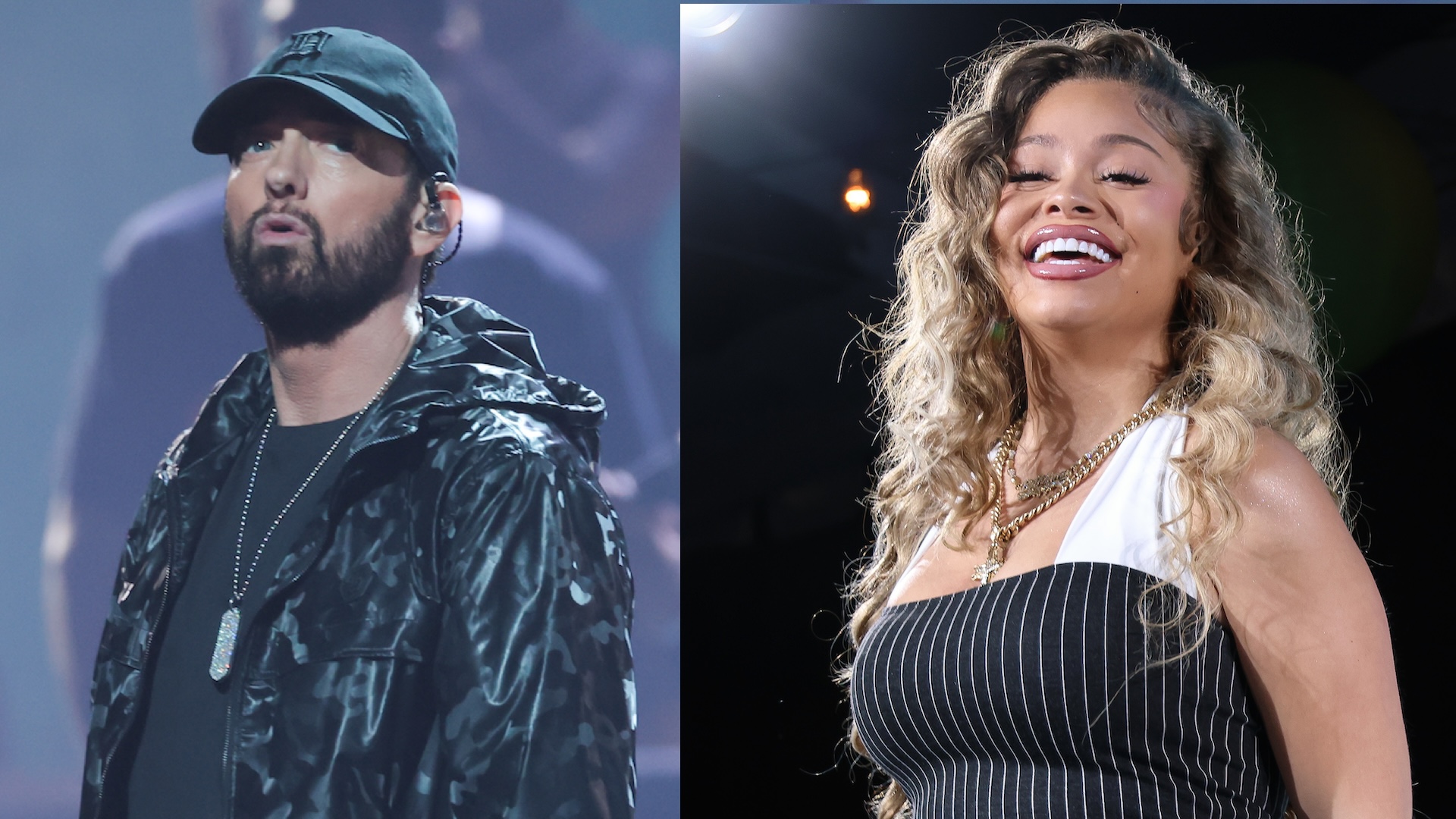 Eminem performing in a dark jacket and cap, alongside Latto smiling in a striped dress.
