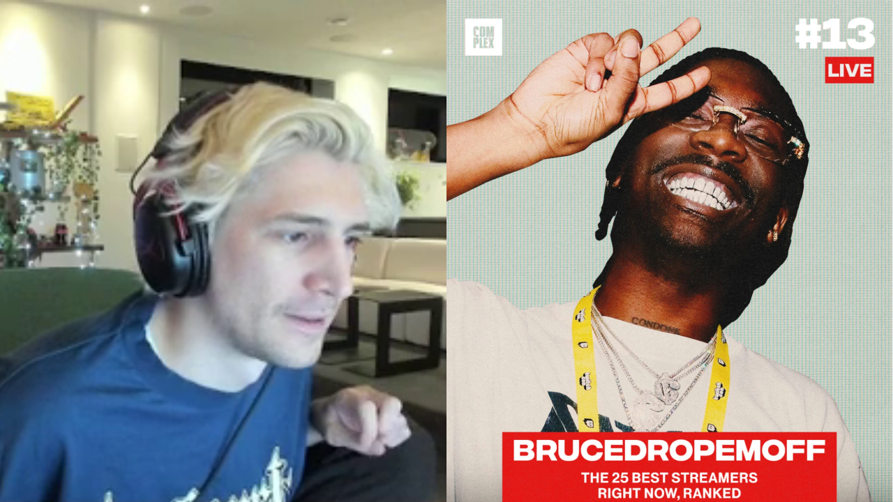 (L) xQc with blonde hair and headphones on the left. (R) BruceDropEmOff wearing glasses and making a peace sign.
