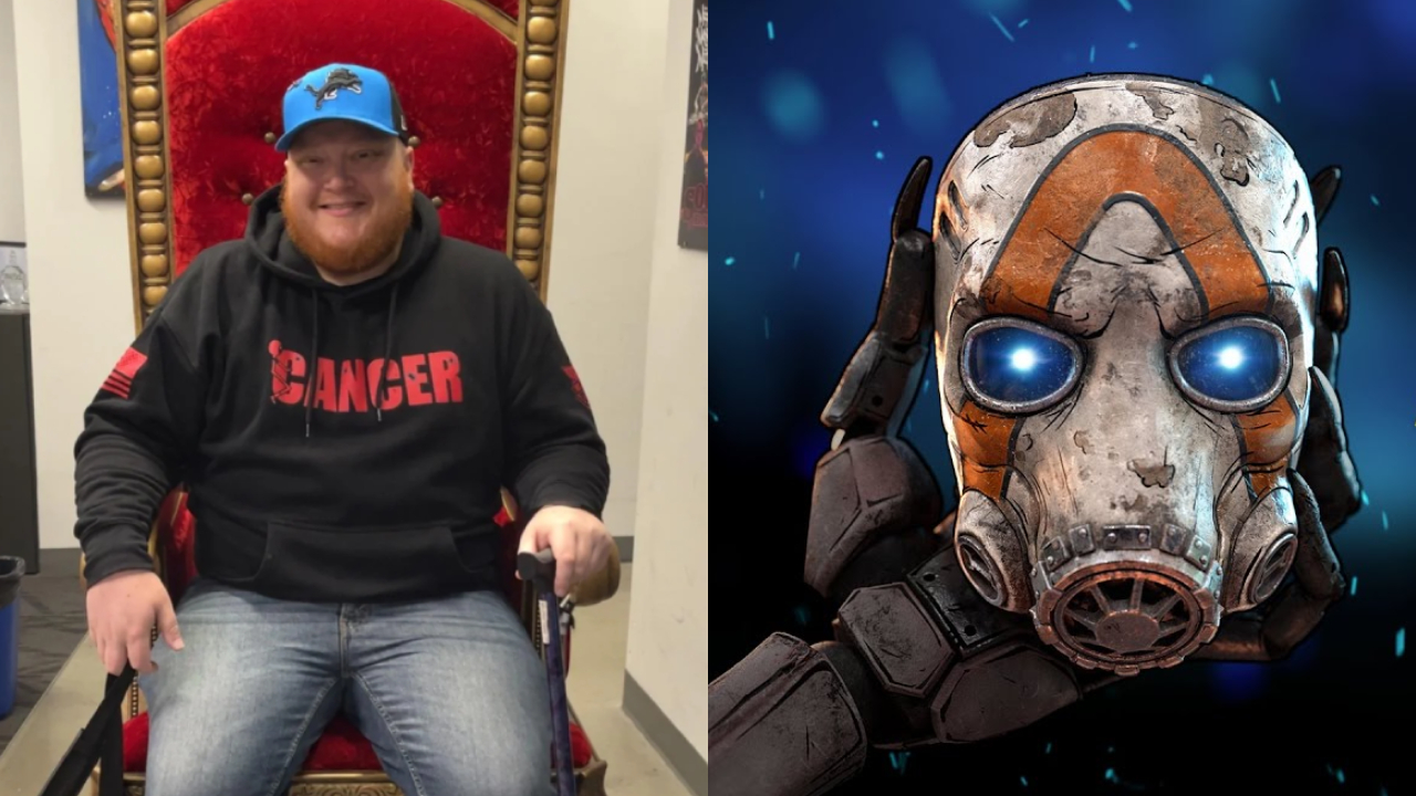 Caleb McAlpine in a hoodie and cap sits on a throne-like chair, smiling. Next to him is an image of a Borderlands psycho mask with glowing eyes.