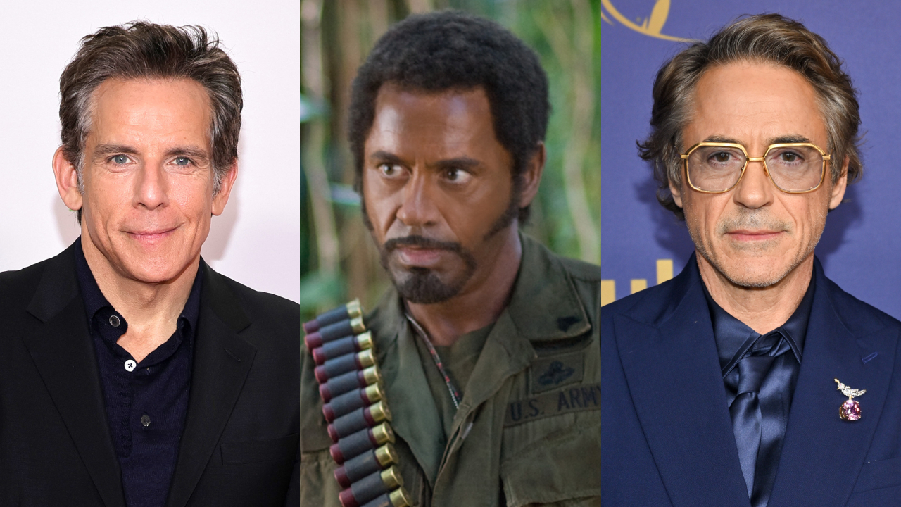 Ben Stiller, Robert Downey Jr. in "Tropic Thunder," and Robert Downey Jr. at an event, each in separate panels.