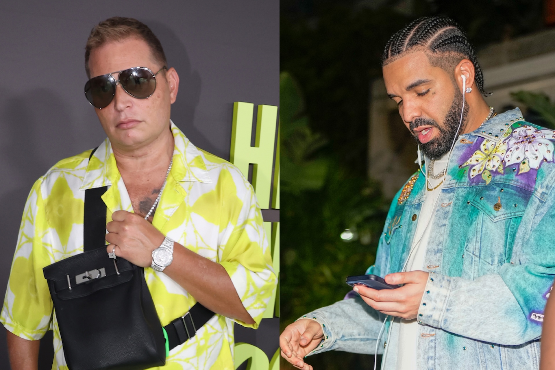 Scott Storch in a bright yellow shirt and sunglasses, and Drake in a denim jacket with earphones, looking at his phone.