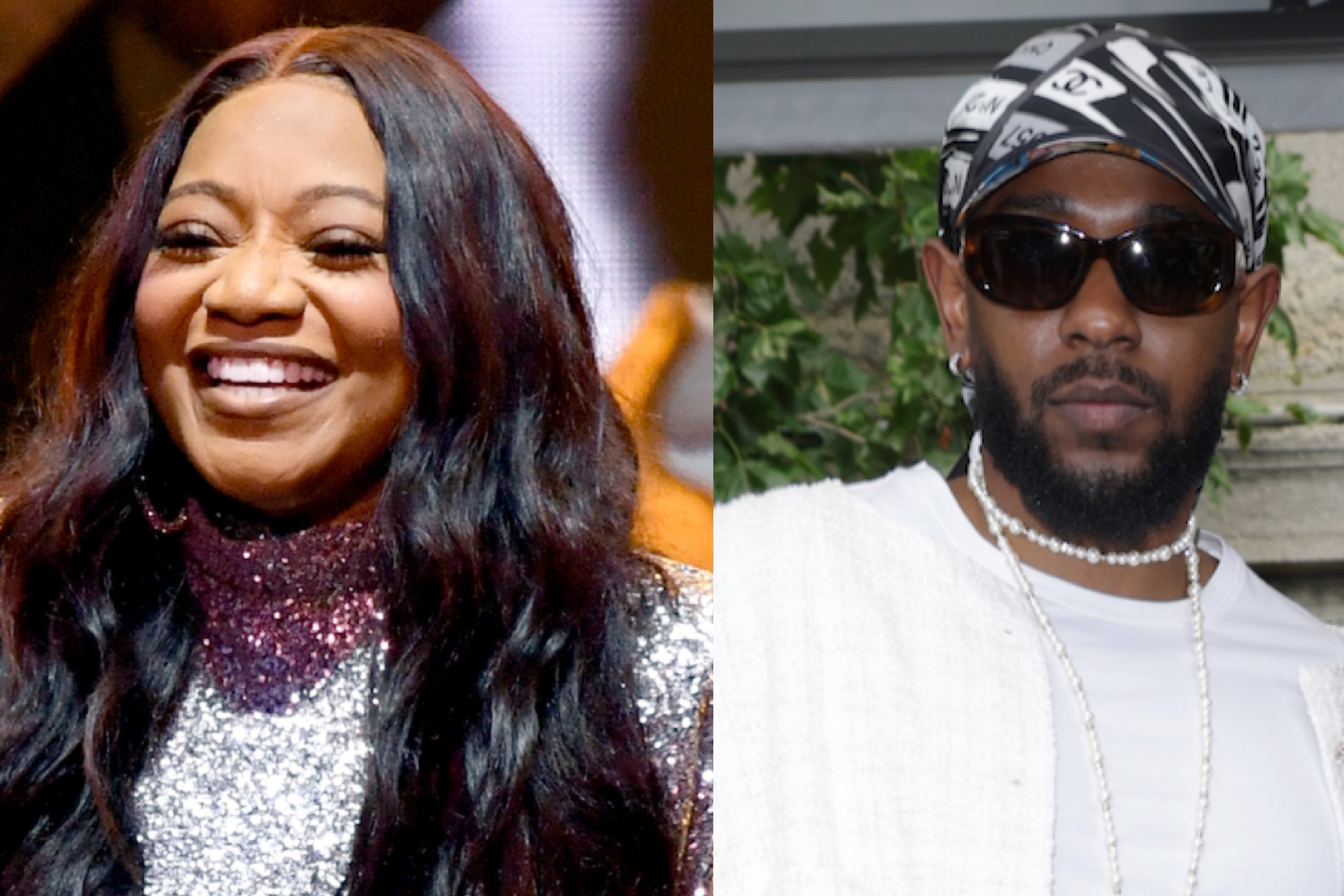 SWV vocalist with long dark hair smiling in a sparkly outfit, and Kendrick Lamar in sunglasses wearing a bandana and white clothing.