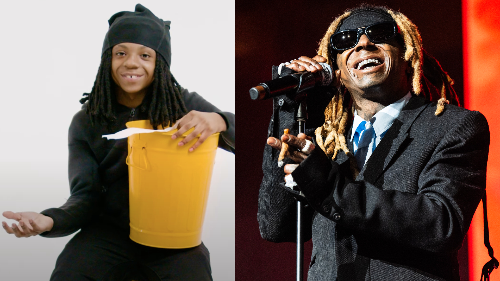 Split image: On the left, Lil Novi and a yellow bucket. On the right, Lil Wayne performing in a suit and sunglasses.