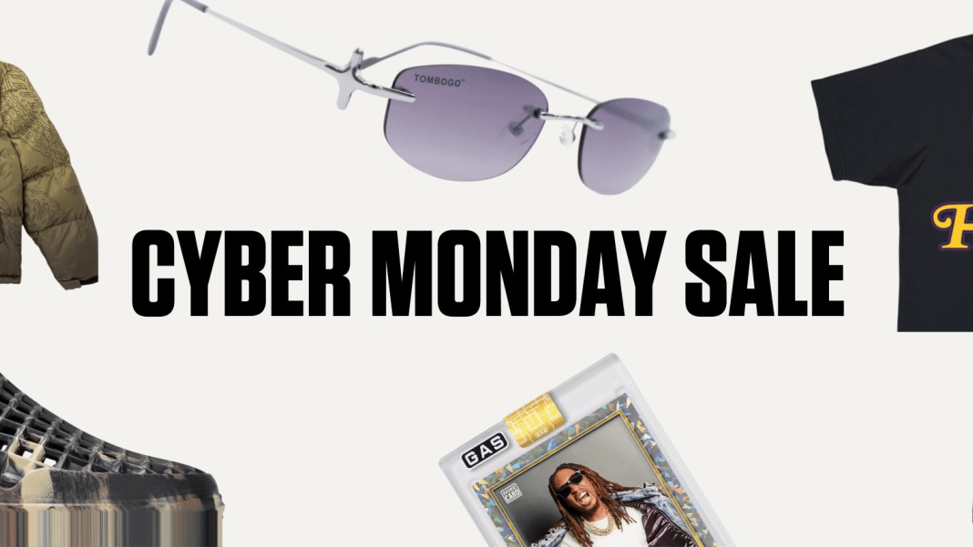 Collage of items for a Cyber Monday sale: sunglasses, a jacket, a sneaker, a card with a celebrity, and a black T-shirt.