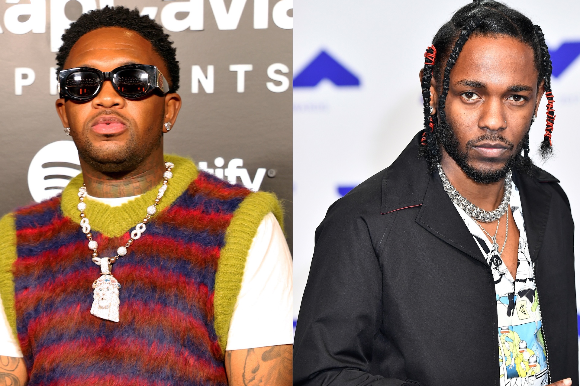 A split image of two men. On the left, Mustard in sunglasses, a colorful vest, and jewelry. On the right, Kendrick Lamar with braided hair and a patterned shirt.