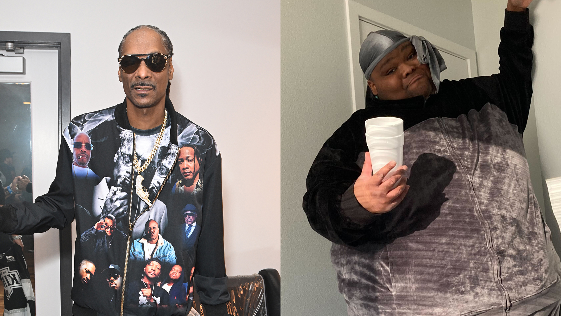 Rappers Snoop Dogg and Dave Blunts in a split image