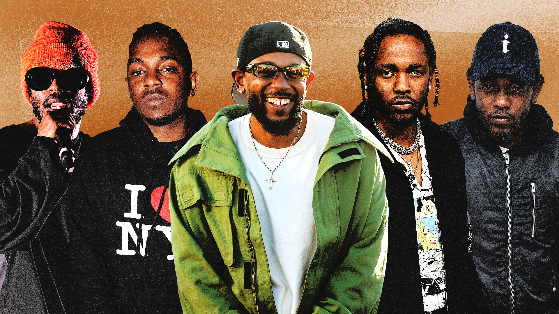 A collage of Kendrick Lamar in various outfits and poses, featuring a crown of thorns and a microphone.