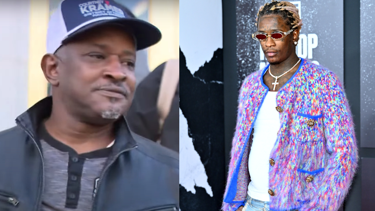 Young Thug's father wearing a cap and leather jacket on the left. On the right, Young Thug in a colorful jacket with braids and sunglasses.