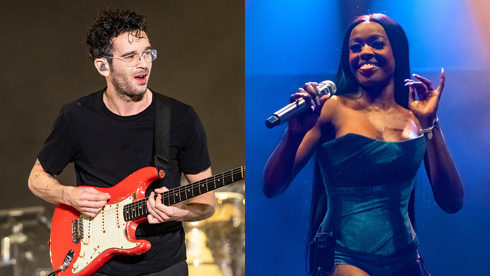 Matty Healy playing a red guitar, wearing glasses and a black shirt. Azealia Banks performing in a teal outfit, holding a microphone.