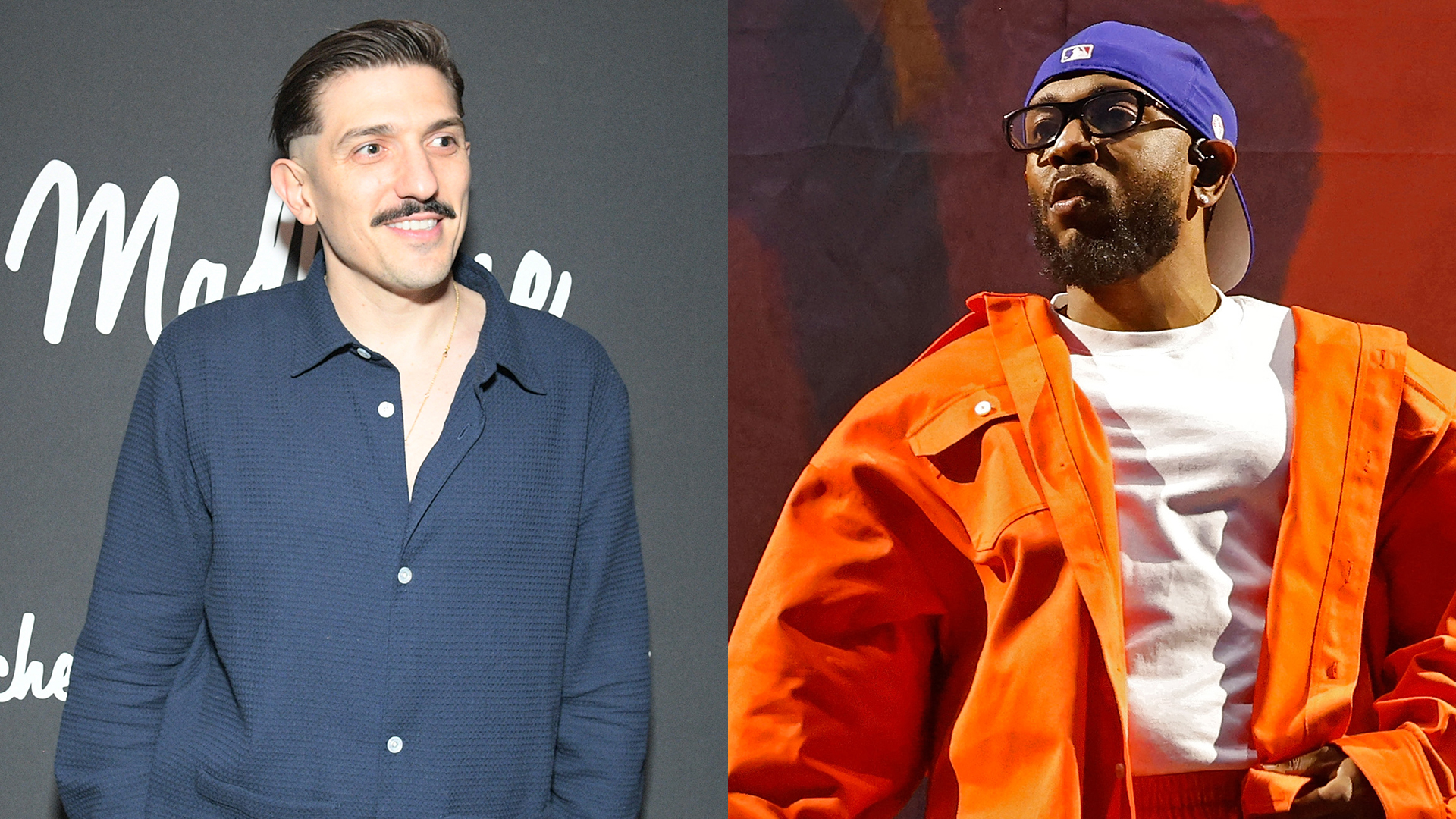 Andrew Schulz in a dark shirt stands smiling, and Kendrick Lamar in an orange outfit and blue cap performs on stage.