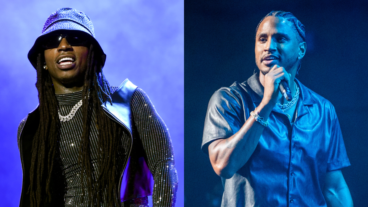 Jacquees performing in a sparkling outfit with a hat and sunglasses; Trey Songz singing in a shiny blue shirt.