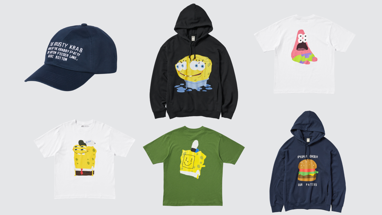 Merchandise featuring SpongeBob SquarePants characters on shirts and hoodies, and a navy cap with "The Krusty Krab" text.