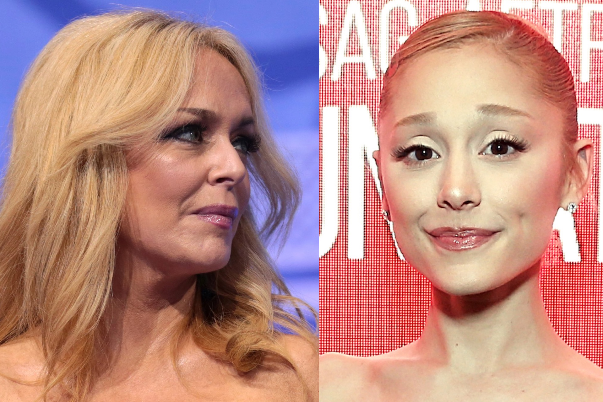 (L) Gina Loudon with shoulder-length blonde hair. (R) Ariana Grande with tied-back hair.