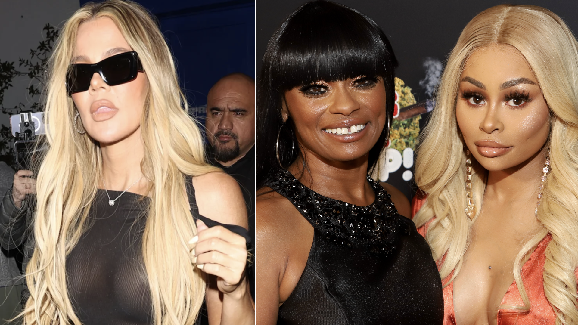 Khloé Kardashian in sunglasses and a black top on the left, and Blac Chyna in a colorful dress on the right, both smiling.
