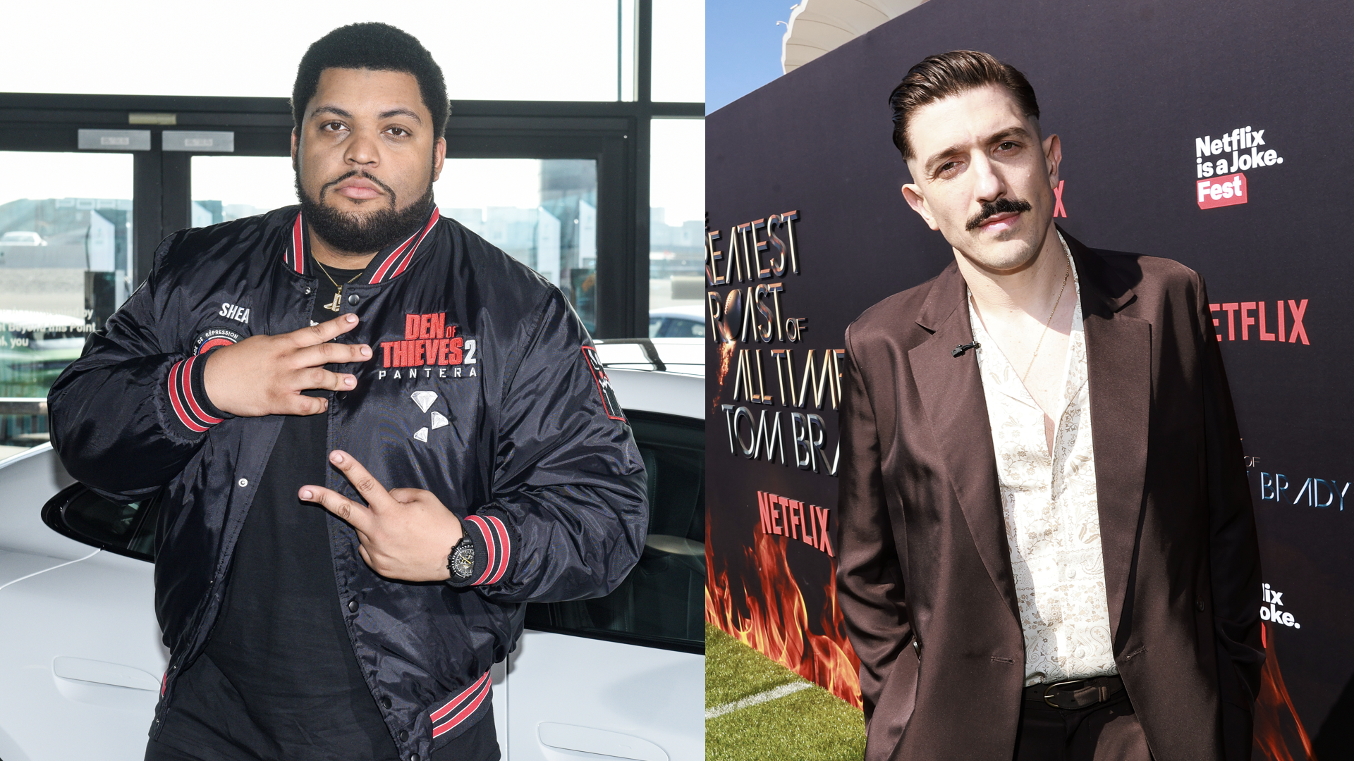 O’Shea Jackson Jr. attends the "Den Of Thieves 2: Pantera" photo call at the Porsche experience center on December 03, 2024 in Carson, California/Andrew Schulz attends G.R.O.A.T The Greatest Roast Of All Time: Tom Brady for the Netflix is a Joke Festival at The Kia Forum.