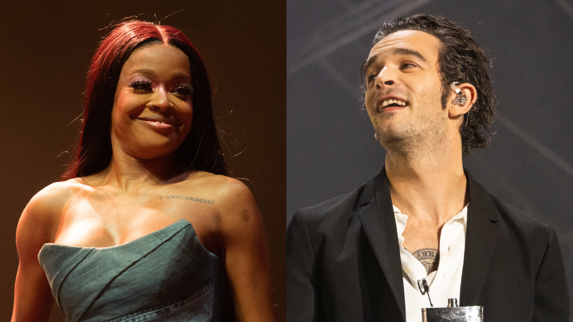 Azealia Banks, wearing a strapless dress, smiles on stage. Matty Healy, in a suit, performs with a microphone.