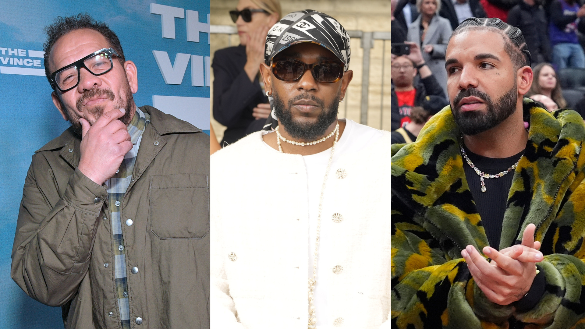 Three celebrities are pictured: Marc Maron in glasses, Kendrick Lamar in sunglasses and cap, and Drake wearing a patterned coat.