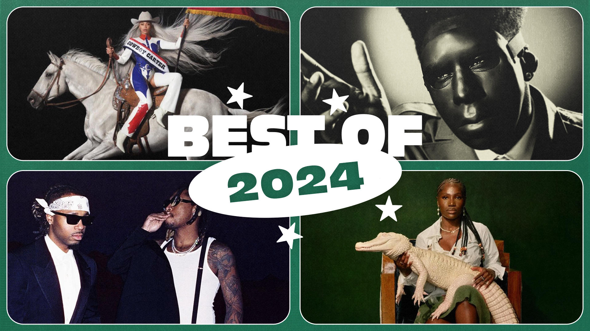 Collage with "Best of 2024": Beyonce on a horse, Tyler, the Creator with dark makeup, Future and Metro Boomin in sunglasses, and Doechii holding an alligator.