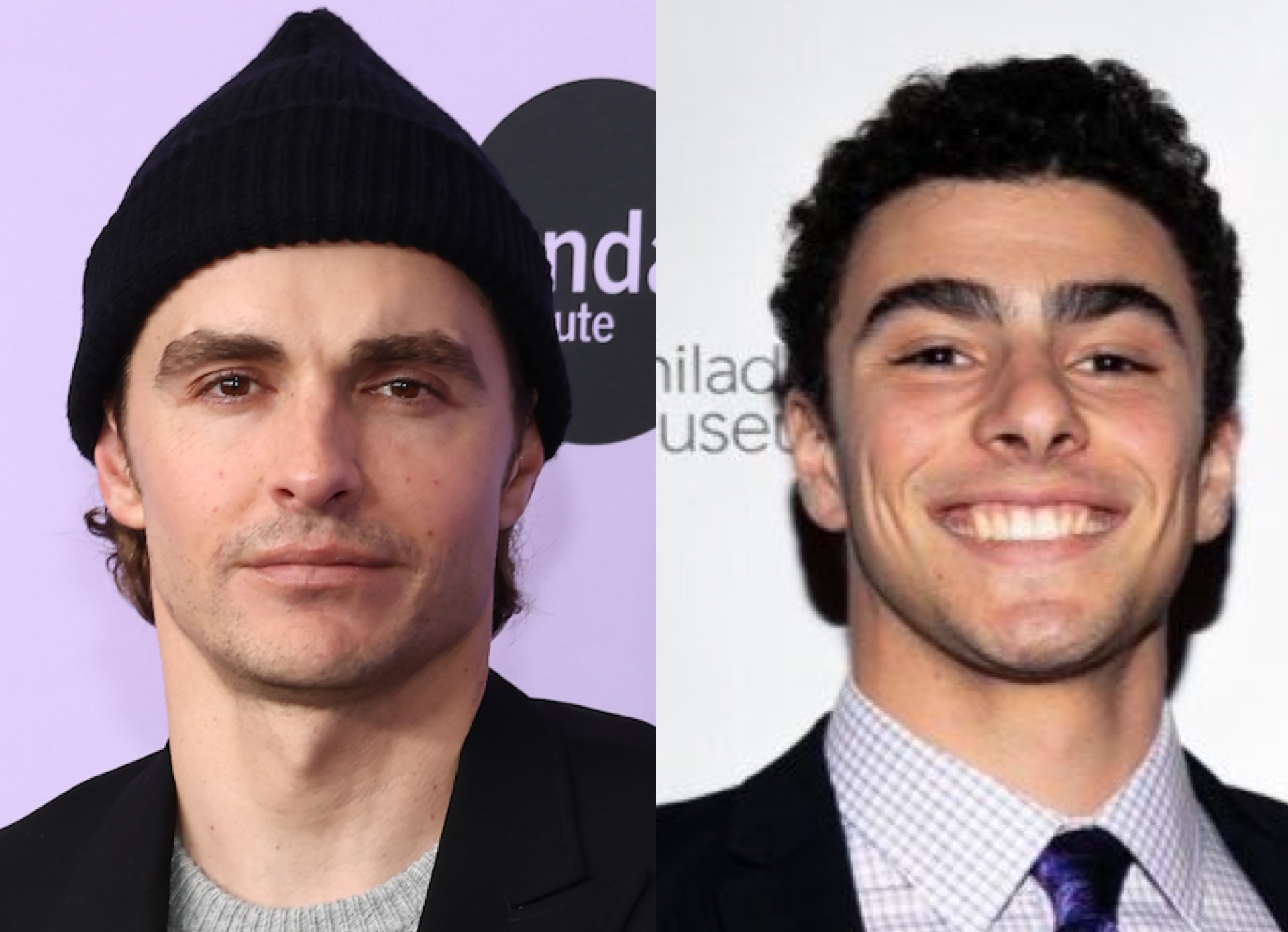 Two men side by side. The left man wears a black beanie and jacket, while the right man is smiling in a suit and tie.