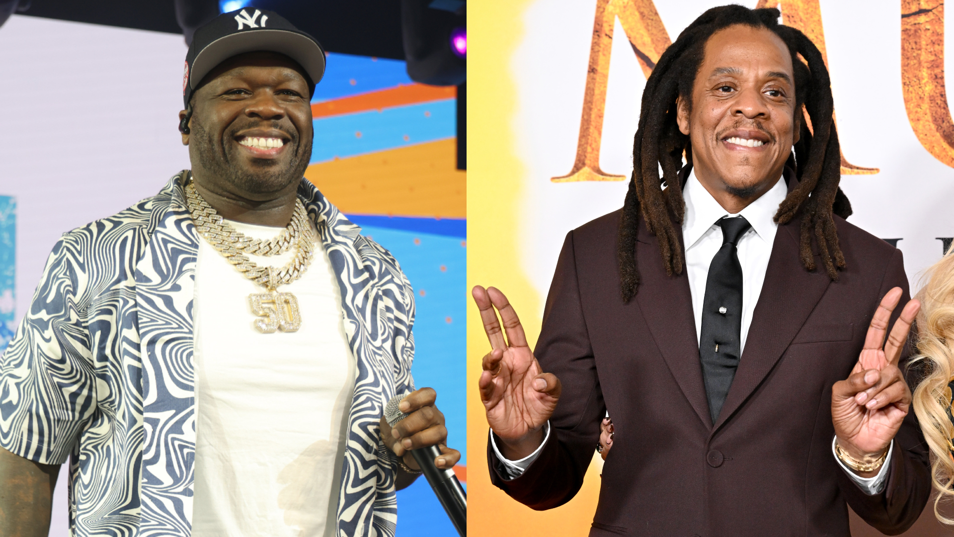50 Cent smiling in a patterned shirt and cap, and Jay-Z in a suit flashing peace signs.