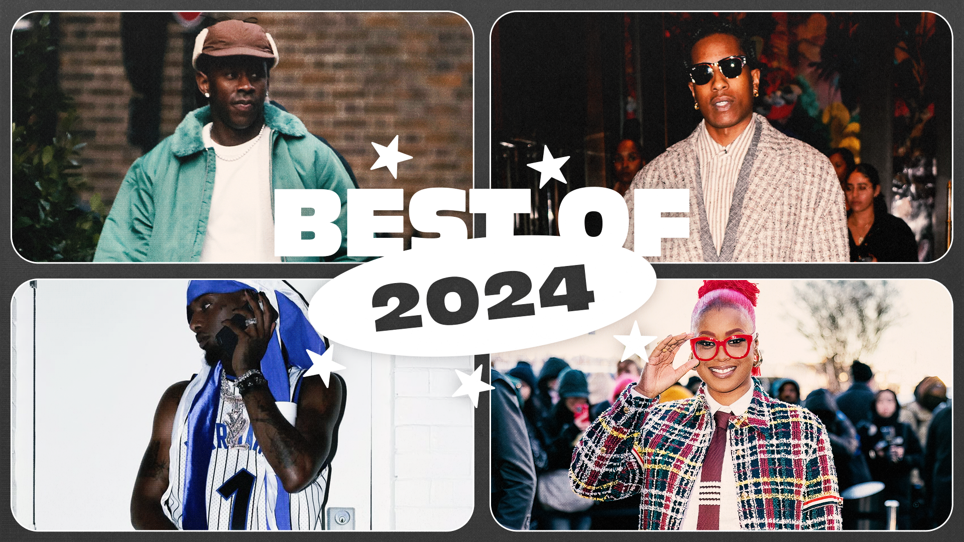 Collage of stylish individuals with "Best of 2024" text. Four people in fashionable outfits, each in a unique style.