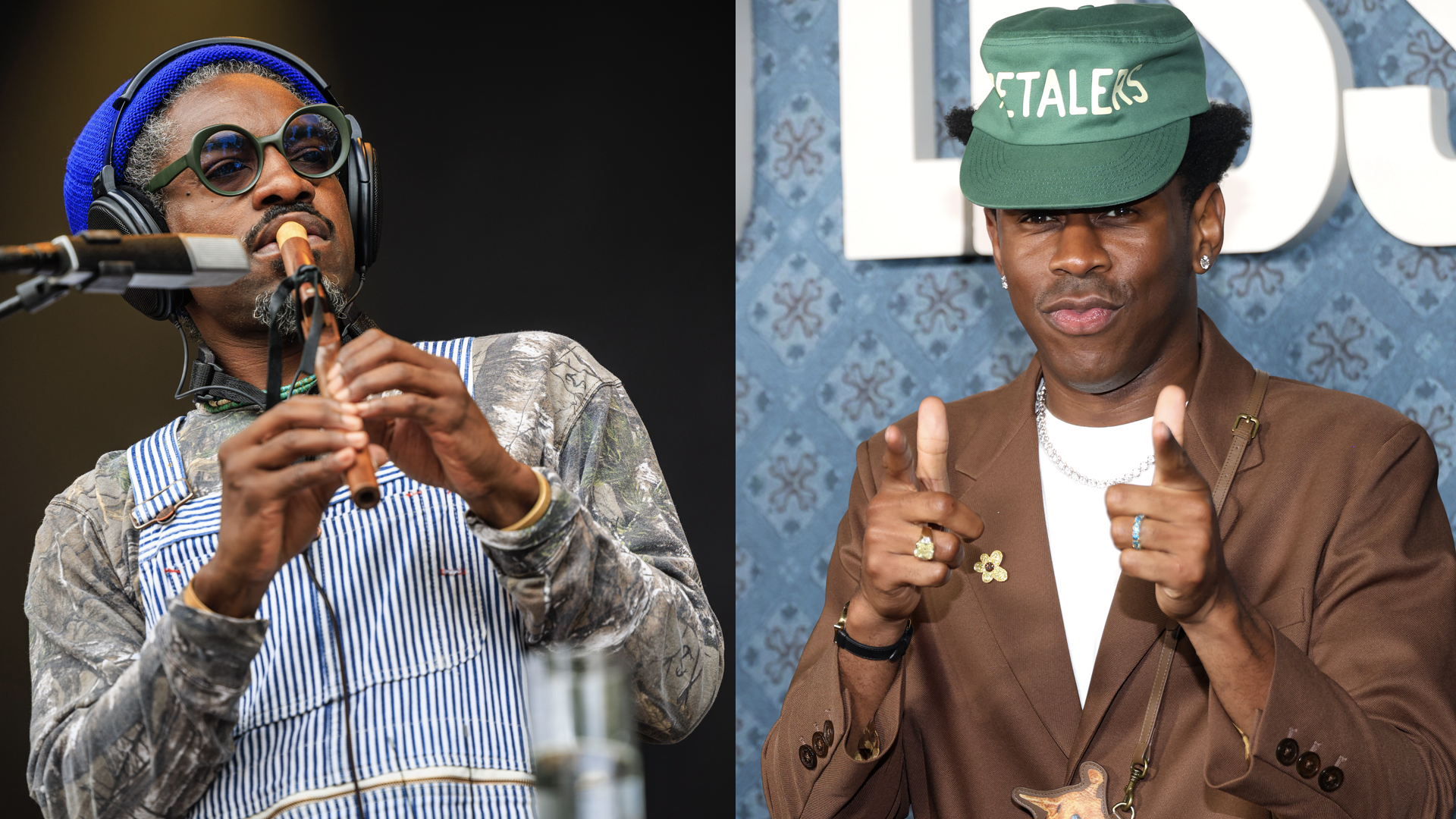 Andre 3000 performs on stage at the Øyafestivalen on August 08, 2024 in Oslo, Norway/Tyler, The Creator attends the premiere of Netflix's "The Piano Lesson" at The Egyptian Theatre Hollywood on November 19, 2024 in Los Angeles, California.