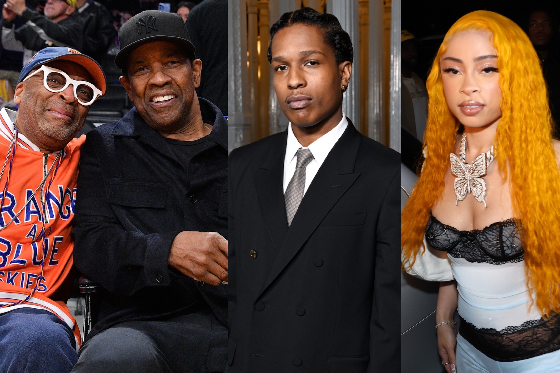 Spike Lee in an orange Knicks jacket, Denzel Washington in black, A$AP Rocky in a suit, and Ice Spice with orange hair and a butterfly necklace.