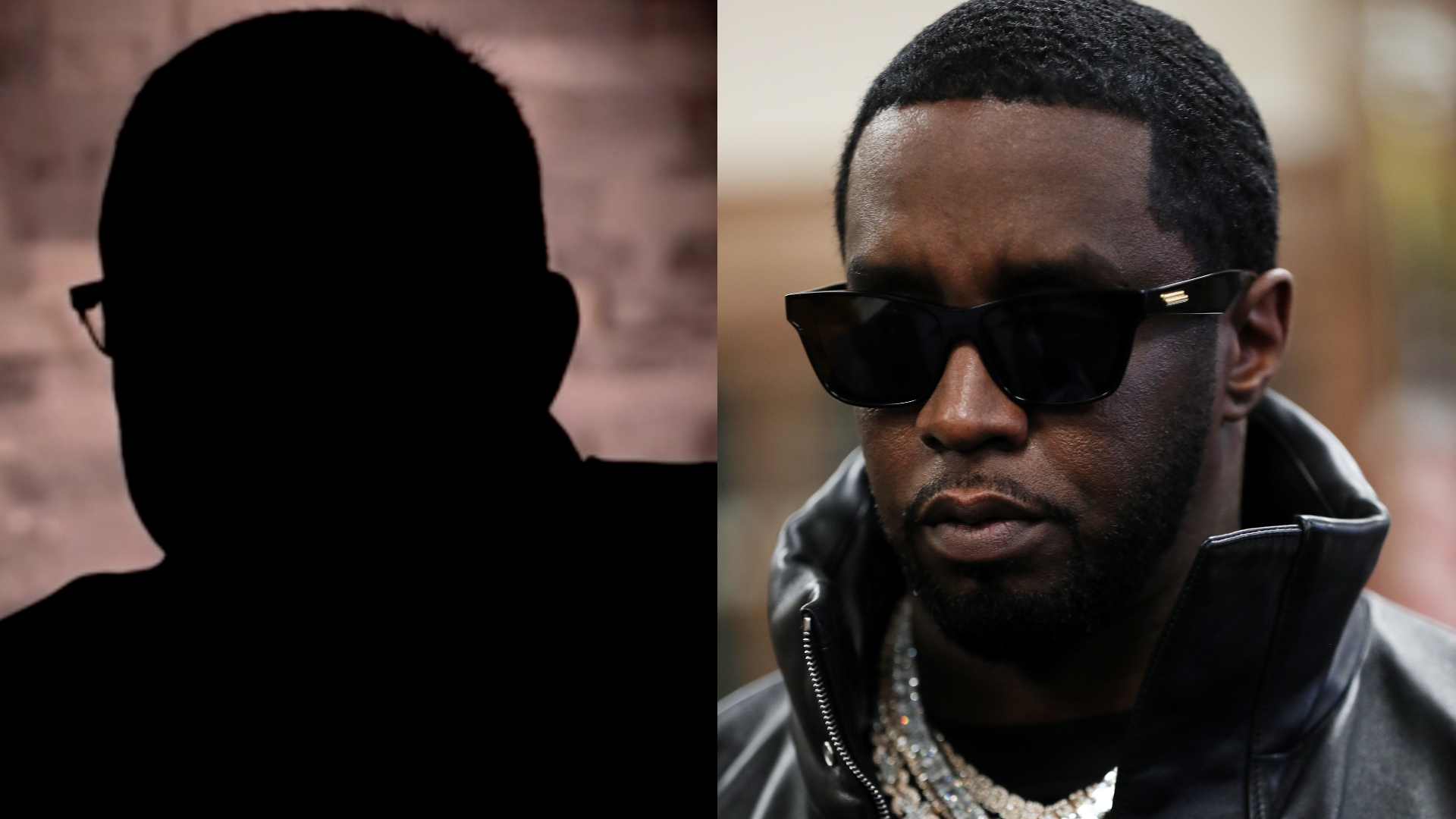 A silhouette of a person on the left and Sean "Diddy" Combs on the right wearing sunglasses and a black jacket.