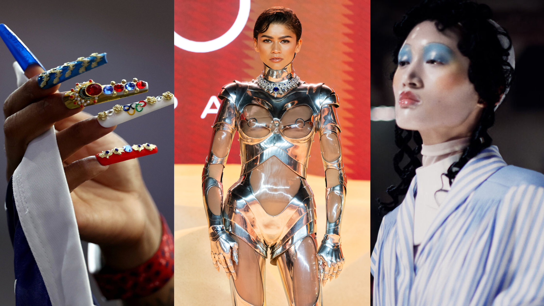 A collage featuring detailed nail art, Zendaya in a futuristic metallic outfit, and a model with bold makeup and a striped outfit.