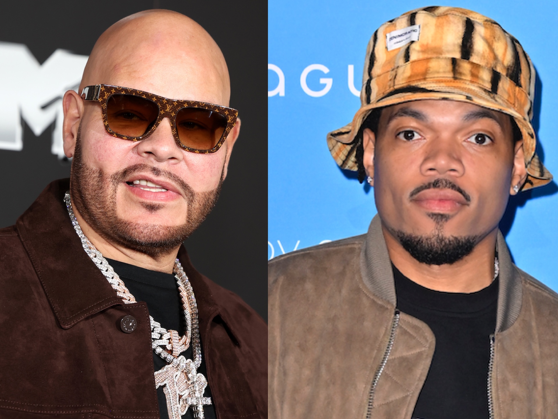 Fat Joe wearing sunglasses and jewelry, alongside Chance the Rapper in a patterned bucket hat and jacket.