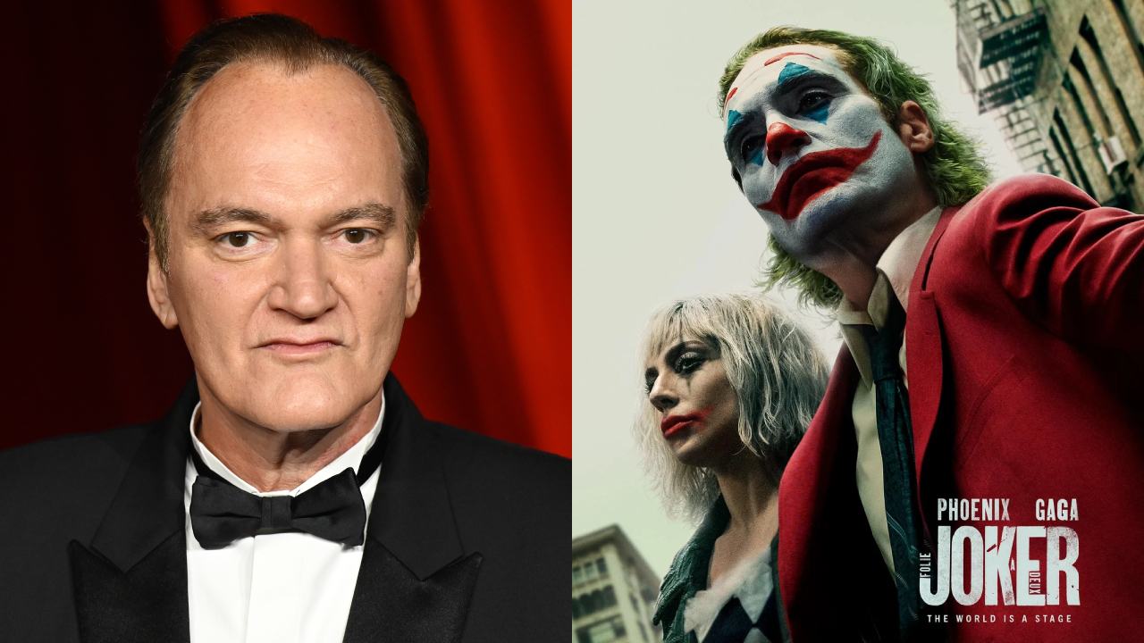 (L) Quentin Tarantino in a tuxedo. (R) Joaquin Phoenix and Lady Gaga as the Joker and Harley Quinn.