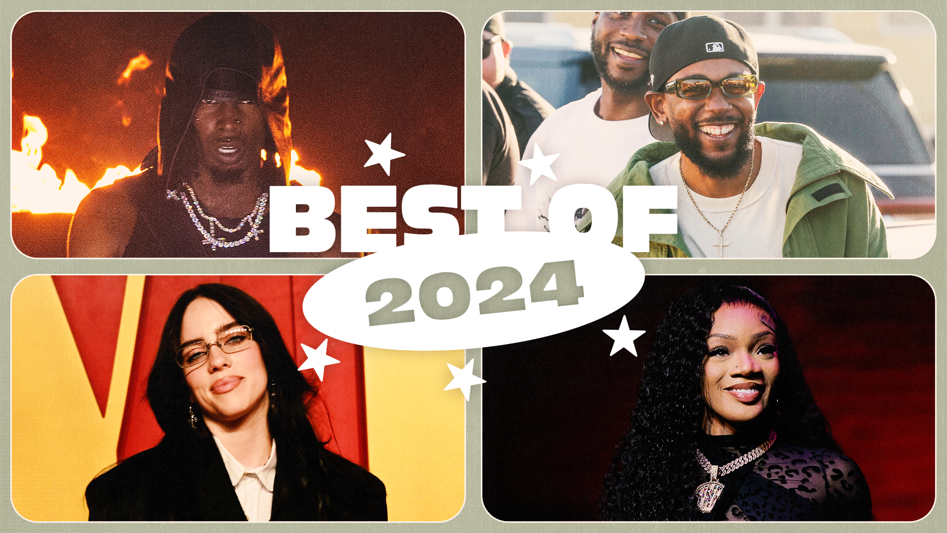 Four celebrities are featured: Kendrick Lamar smiling in a green jacket, Billie Eilish in a black suit, Playboi Carti with fire in the background, and GloRilla in a black outfit. "Best of 2024" text is in the center.