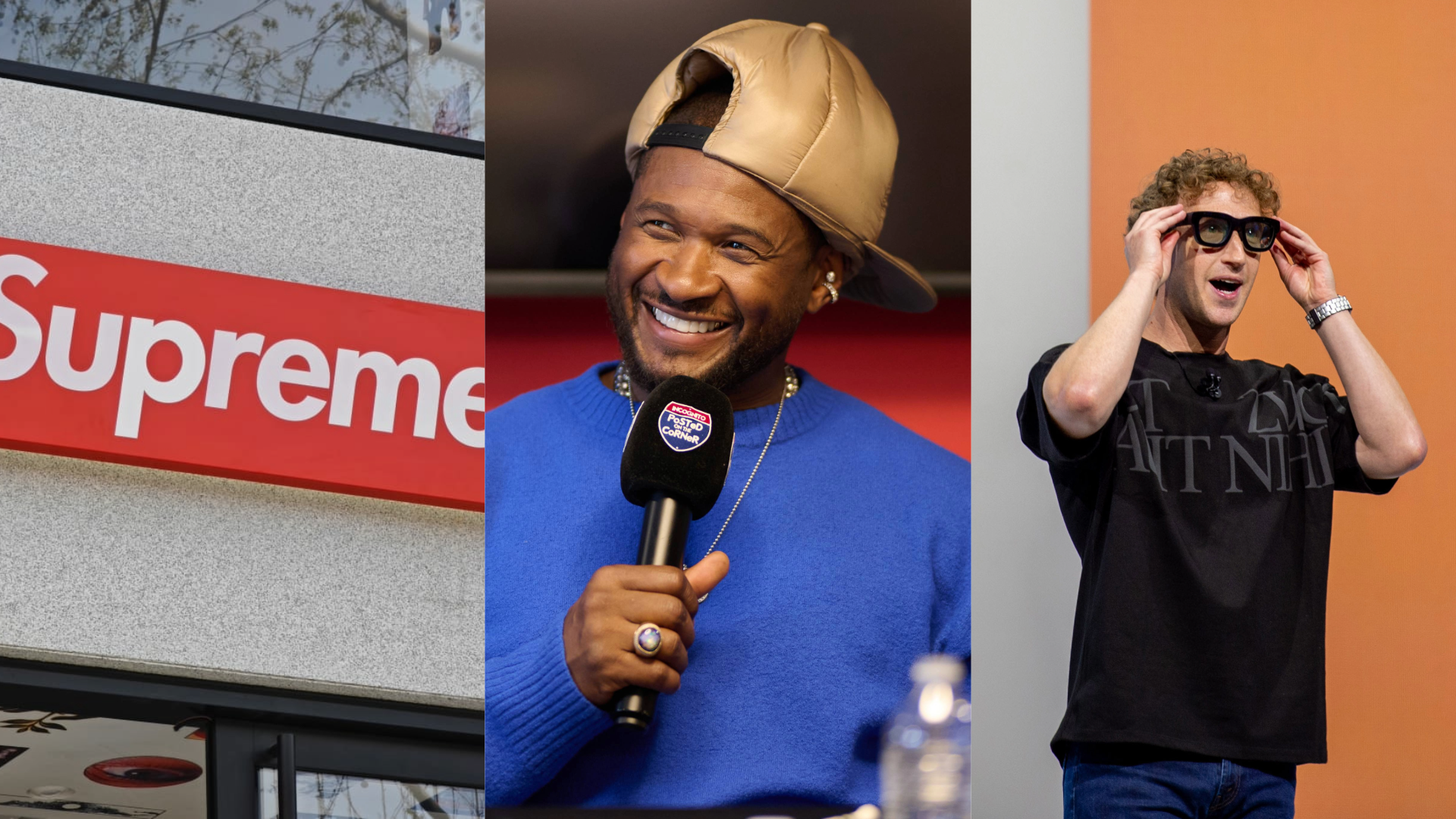 A Supreme store sign; Usher in a blue sweater and cap, smiling with a microphone; Justin Timberlake wearing sunglasses and a black shirt.