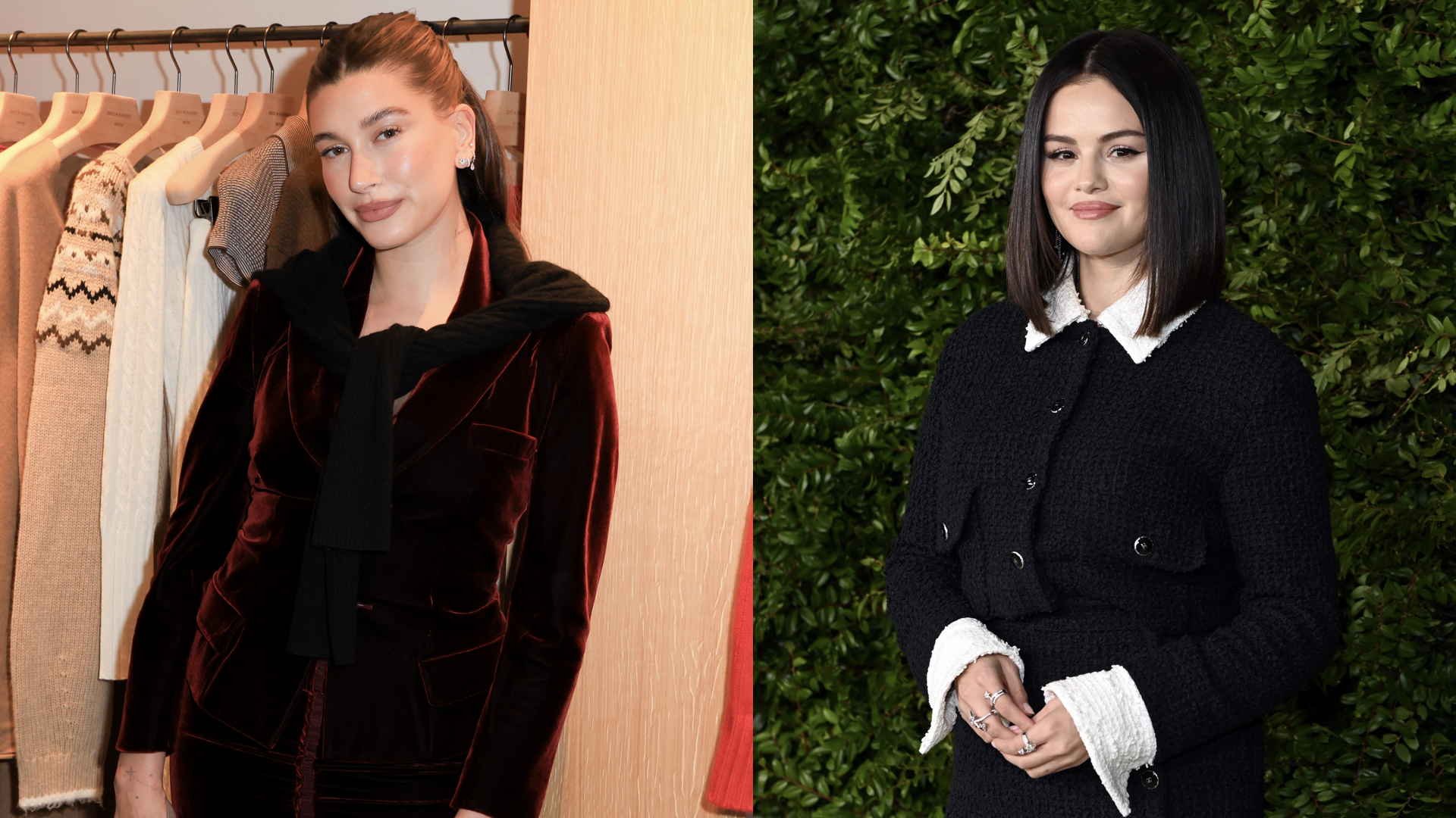 Hailey Bieber at Guest In Residence - LA Store Opening on December 7, 2024 in Los Angeles, California/Selena Gomez, wearing CHANEL, attends the Academy Women's Luncheon presented by CHANEL at the Academy Museum Of Motion Pictures on December 10, 2024 in Los Angeles, California.