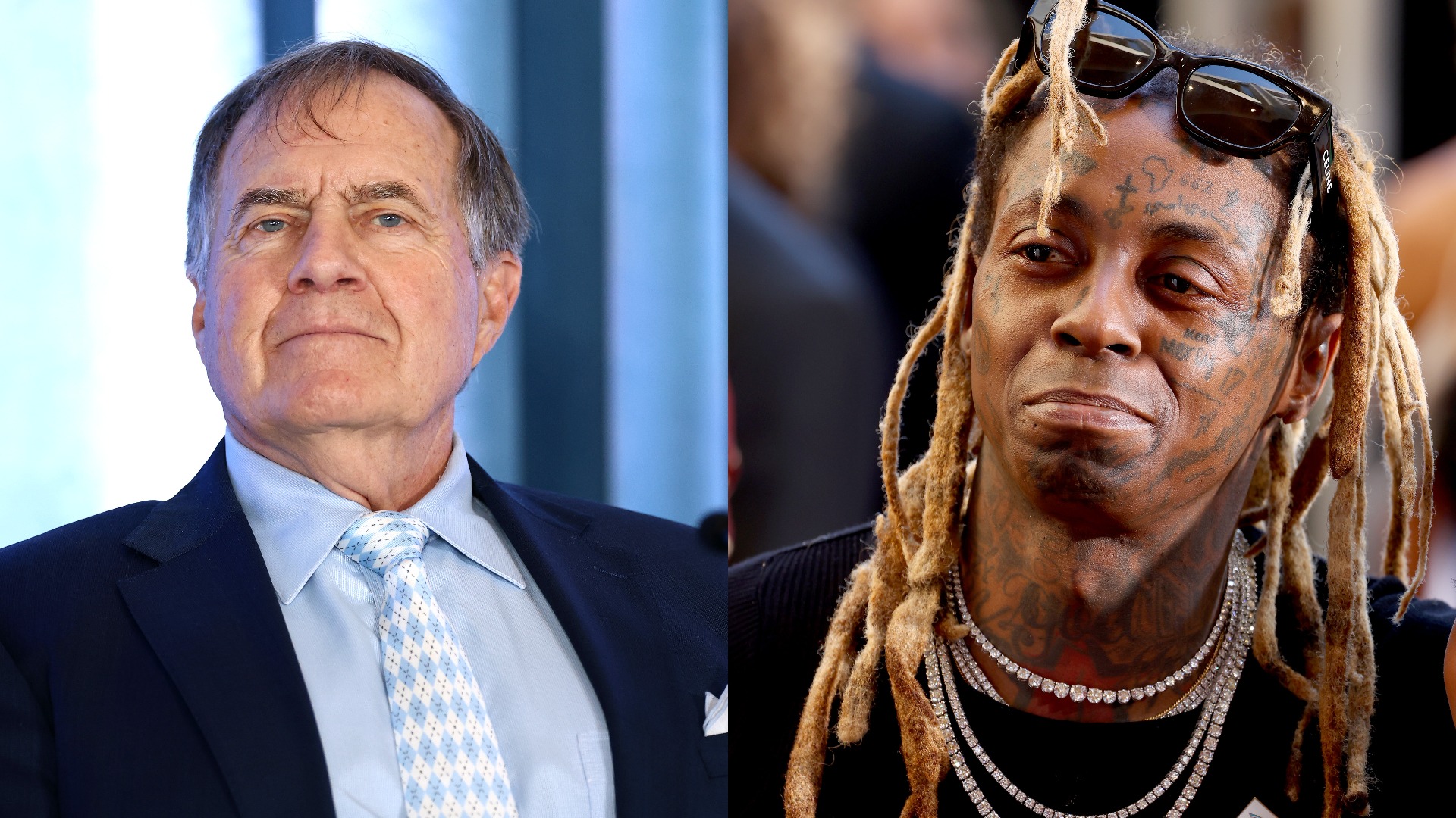 Split image of Bill Belichick and Lil Wayne.