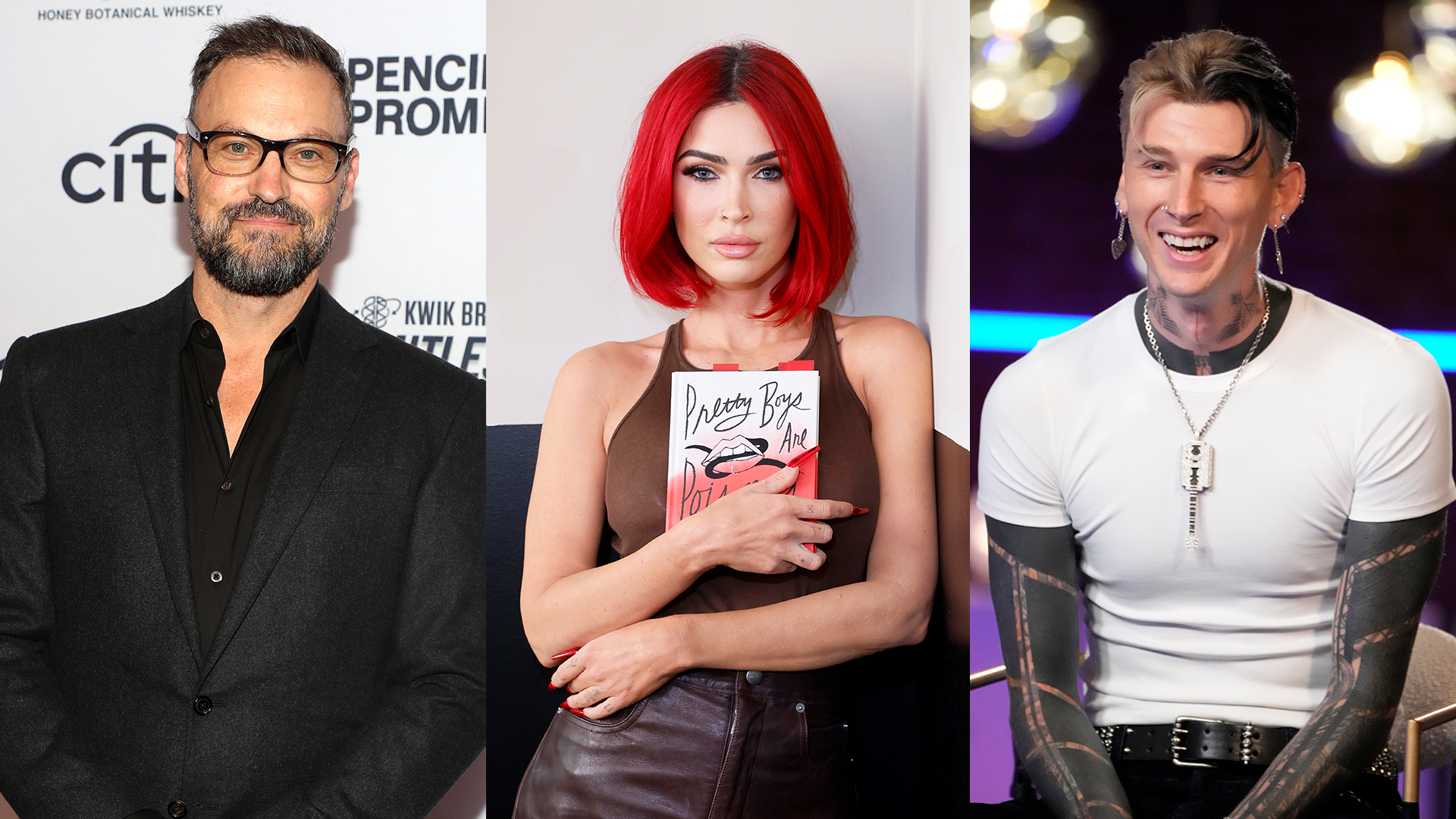 Brian Austin Green, Megan Fox, and Machine Gun Kelly in a split image.