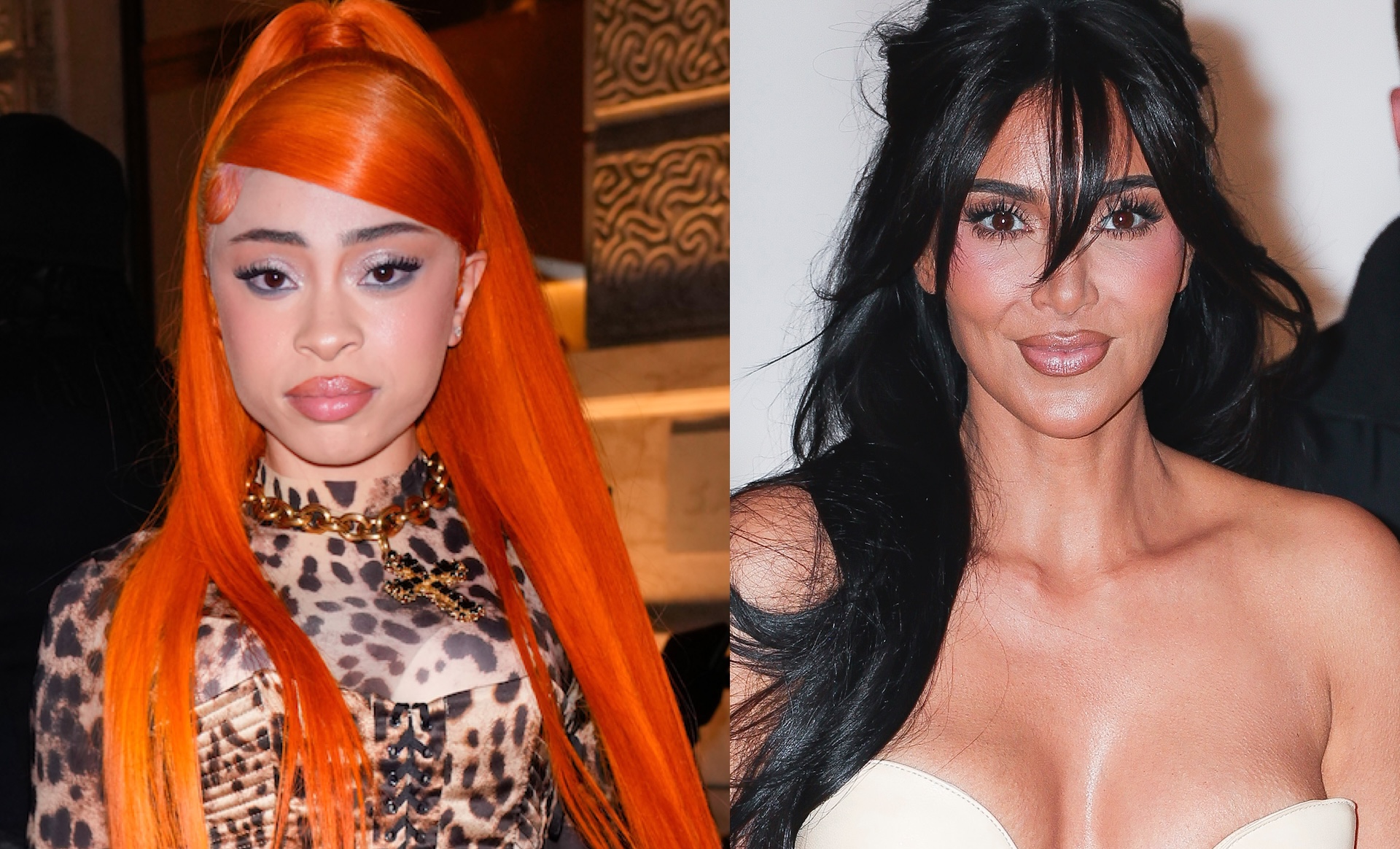 Ice Spice with vibrant orange hair and leopard print outfit, next to Kim Kardashian with long black hair and a strapless dress.