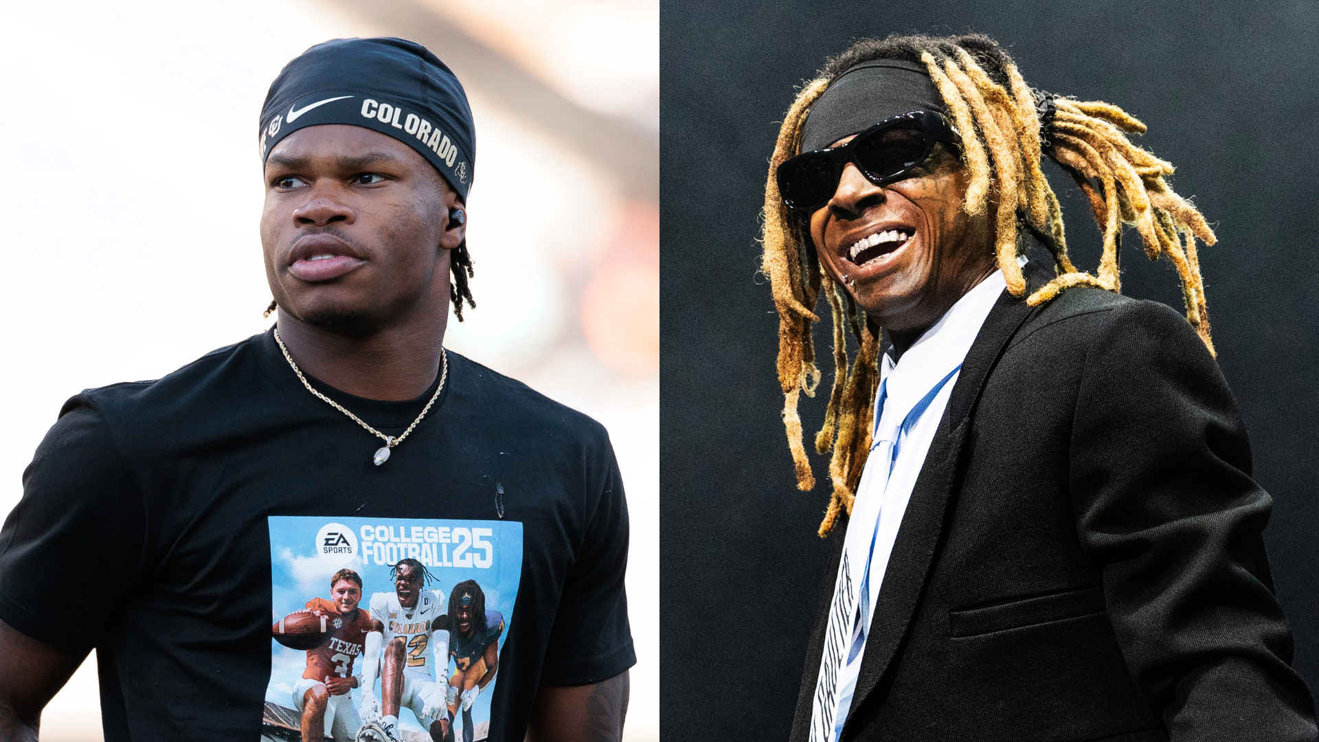 A man wearing a Colorado headband and a "College Football 25" shirt is on the left. Lil Wayne, in sunglasses and a suit, is on the right.