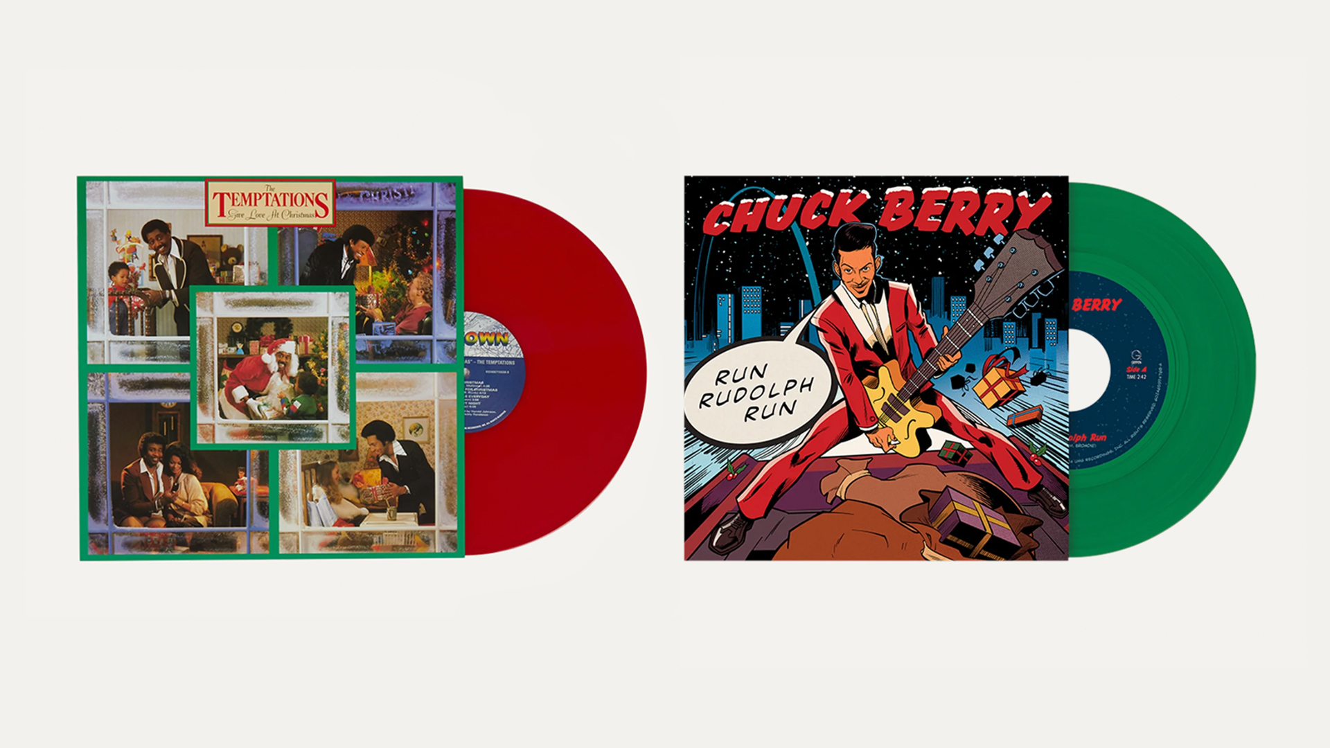 Vinyl records of The Temptations' "Christmas Card" with a red disc and Chuck Berry's "Run Rudolph Run" with a green disc.