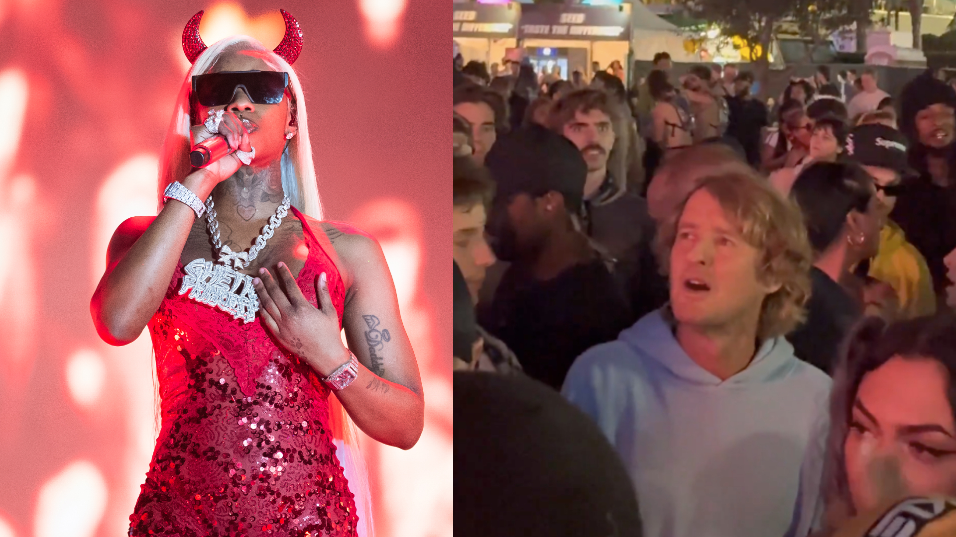 A performer in a red sequin outfit and devil horns on stage; a crowd scene with a man in a blue hoodie among people.