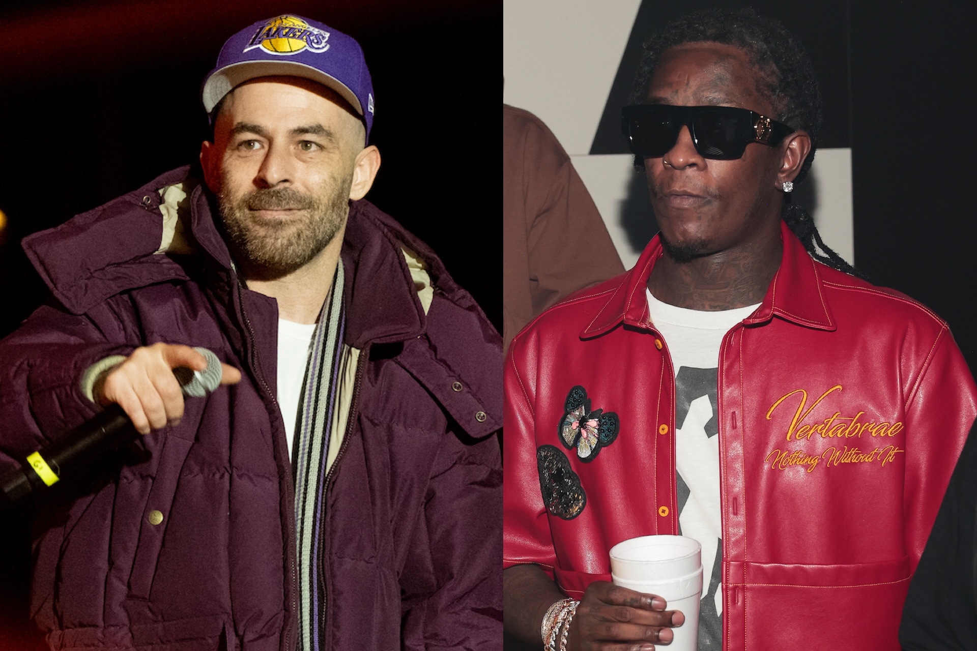The Alchemist in a Lakers cap holding a microphone next to Young Thug in sunglasses and a red jacket holding a cup.